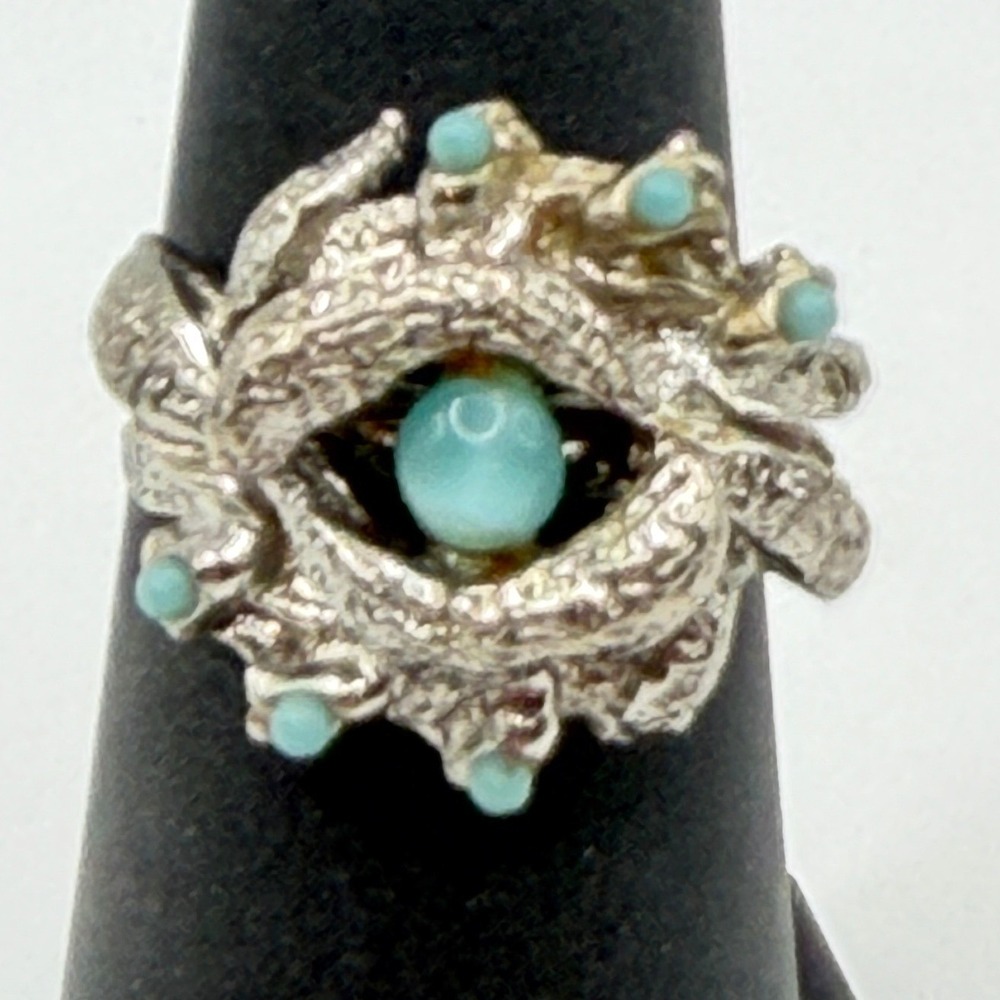 Silver Tone Cabochon‎ Cluster Ring Adjustable Size 5.75–6 Floral Design